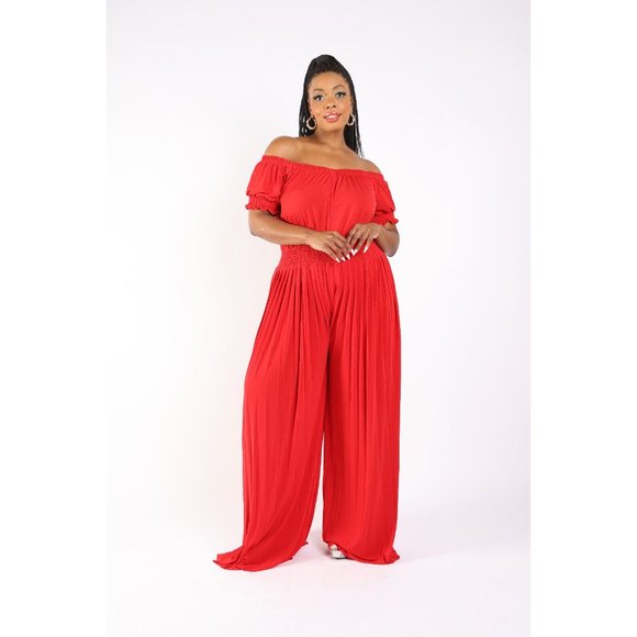 Women's Pleated off Shoulder Jumpsuit Plus Size 1X 2X 3X BLACK RED - Picture 6 of 12
